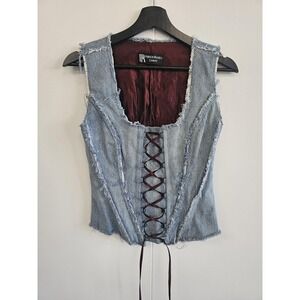 Patricia Rhodes Couture Denim Corset Womens Medium Distressed Lace Up Vest Top